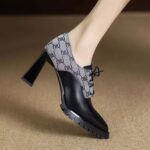 Retro leather waterproof platform high heels for women