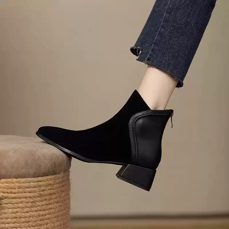 O1CN01VWKeYr1ccvYKyq8gO_!!2936923622.jpg_q30.jpg_ French leather retro frosted pointed thick heel short boots - Image 1